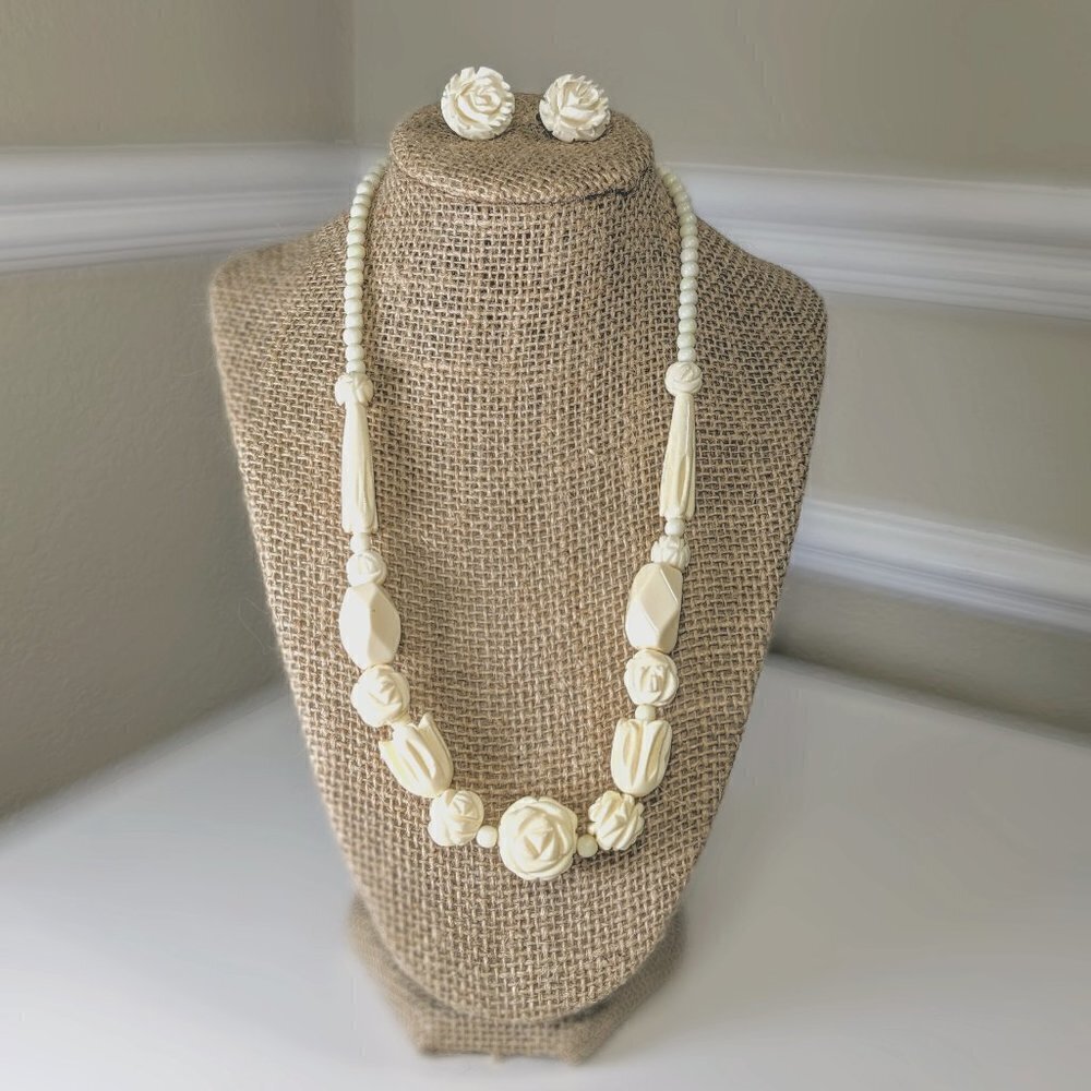 Vintage Carved Rose Necklace and Clip-on Earrings Set